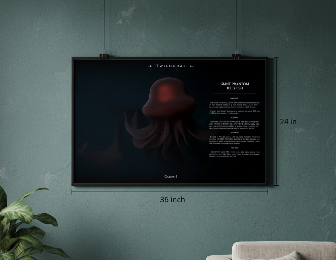 Giant Phantom Jellyfish Horizontal Poster | Deep-Sea Enigma Wall Art | Matte Scientific Illustration