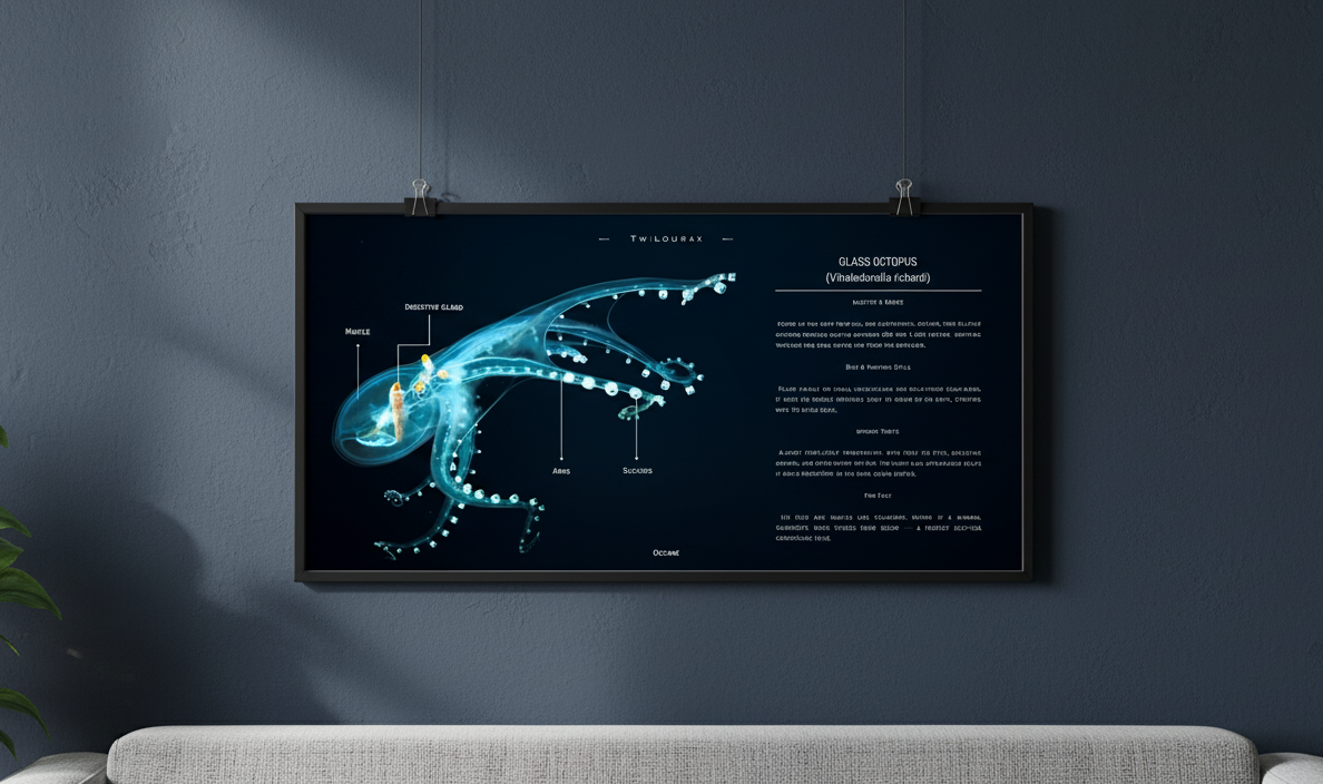 Glass Octopus Matte Poster | Oceanic Cephalopod Anatomy Art | Horizontal Scientific Illustration
