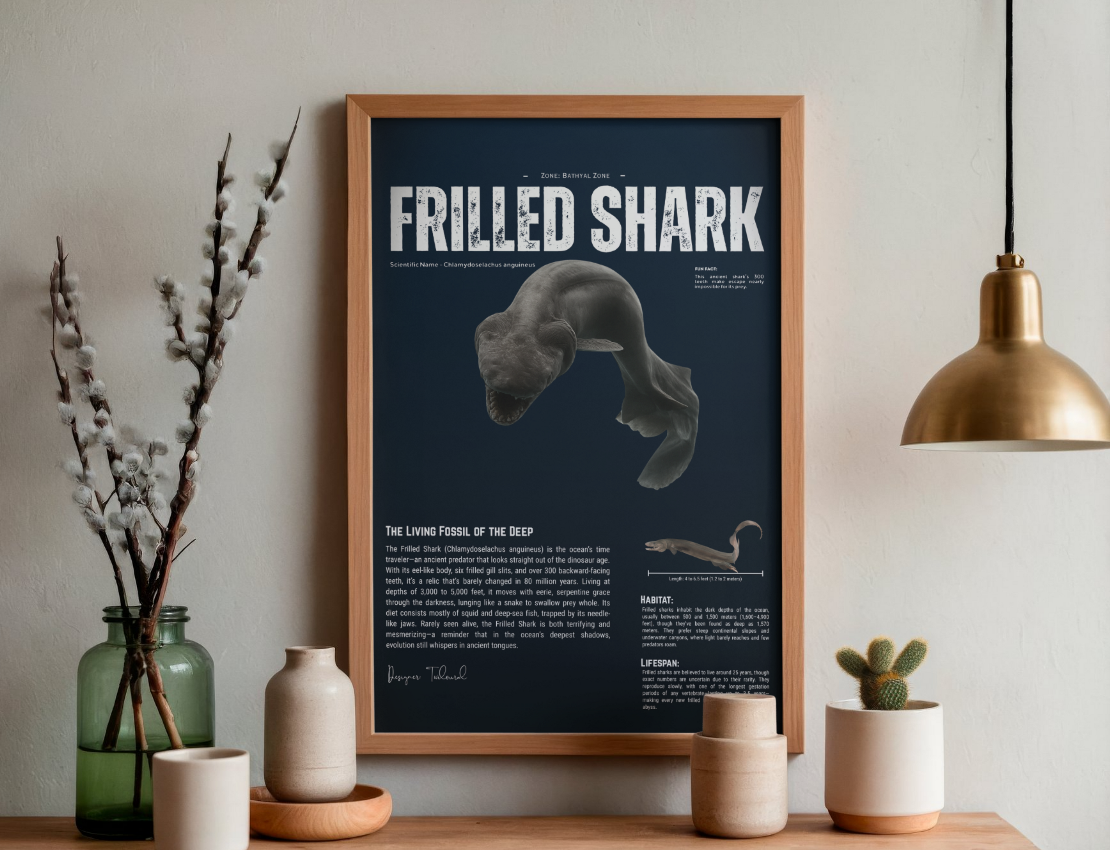 Frilled Shark Scientific Illustration Poster | Deep-Sea Anatomy Wall Art | Marine Biology Vertical Print