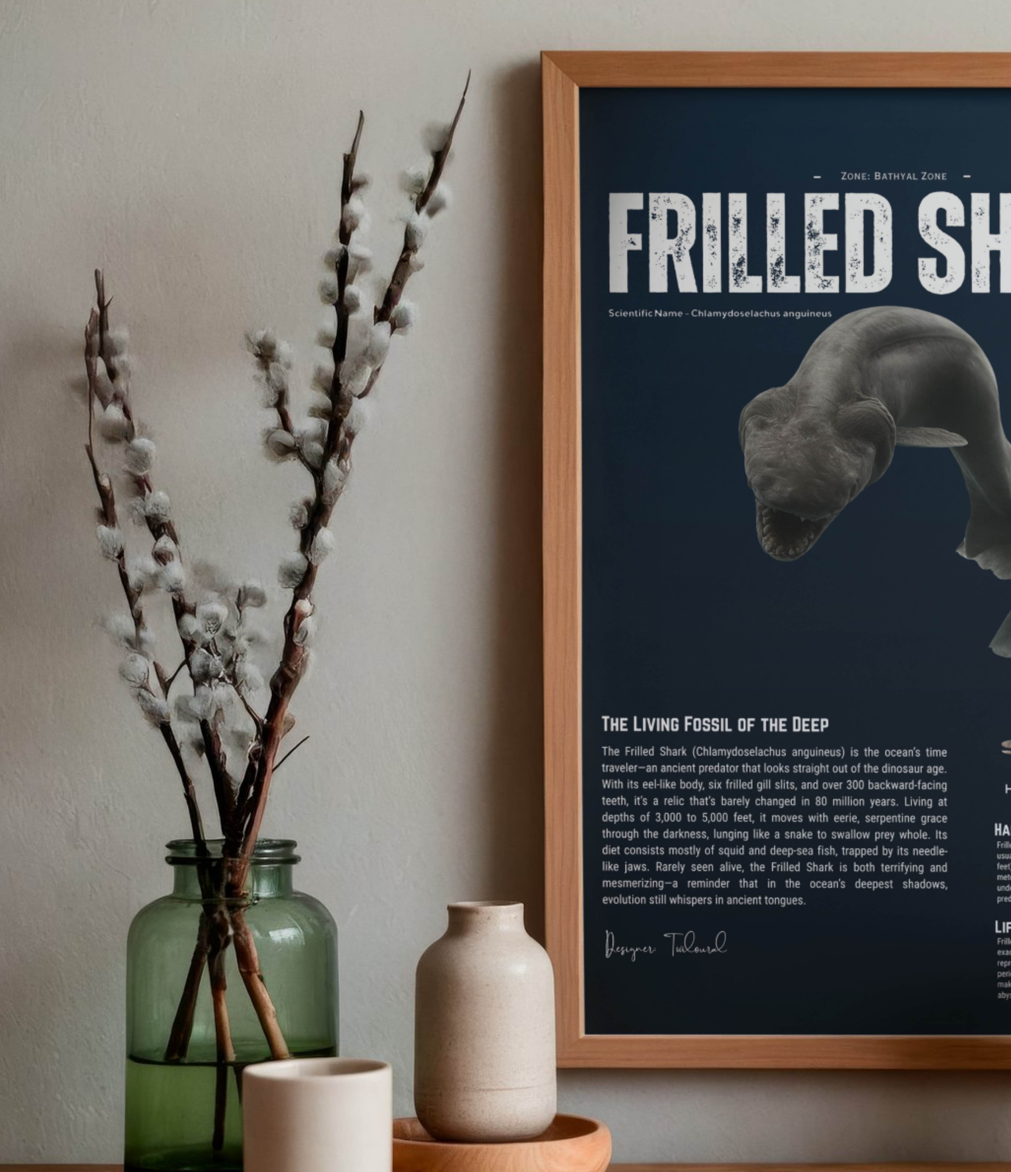 Frilled Shark Scientific Illustration Poster | Deep-Sea Anatomy Wall Art | Marine Biology Vertical Print