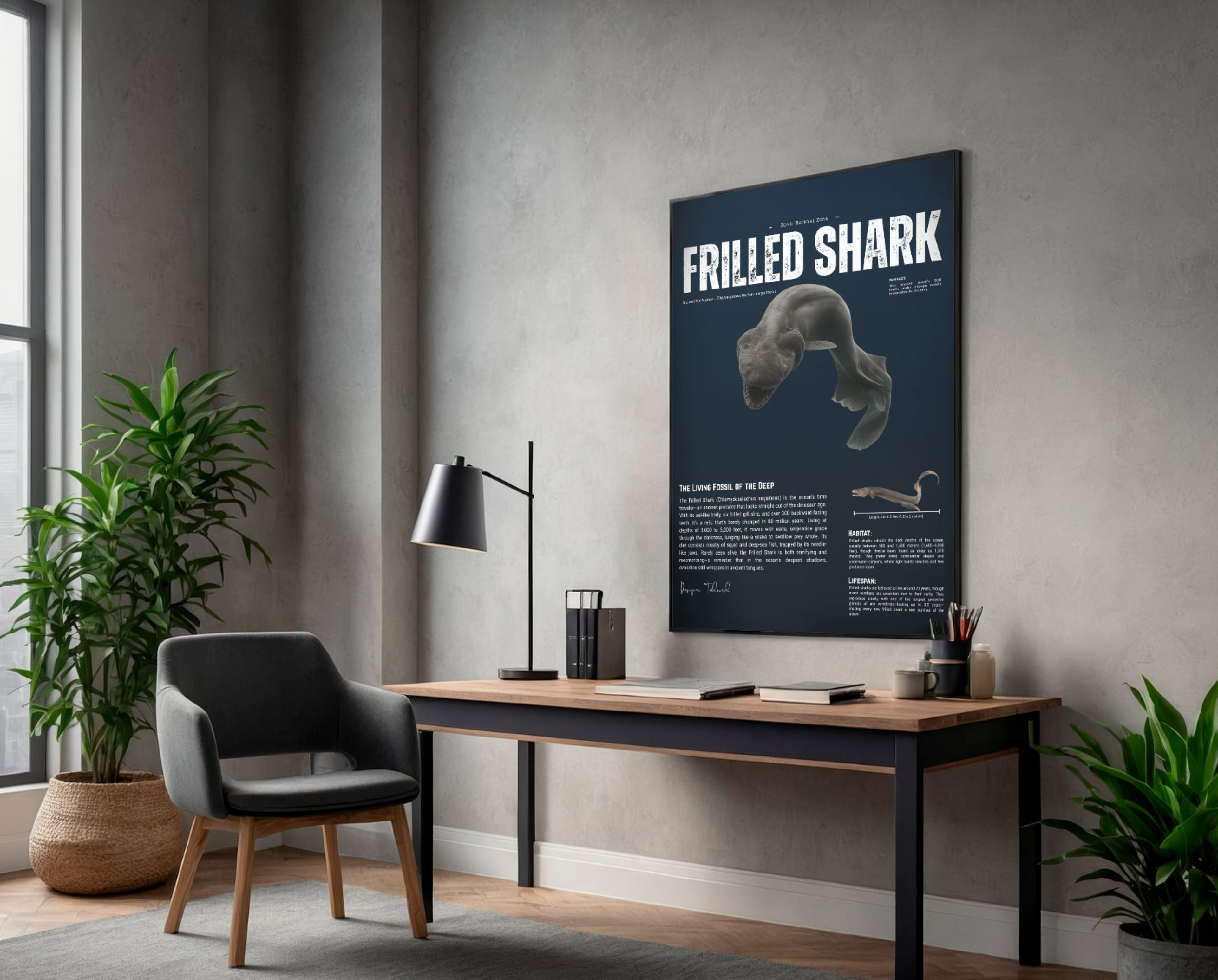 Frilled Shark Scientific Illustration Poster | Deep-Sea Anatomy Wall Art | Marine Biology Vertical Print